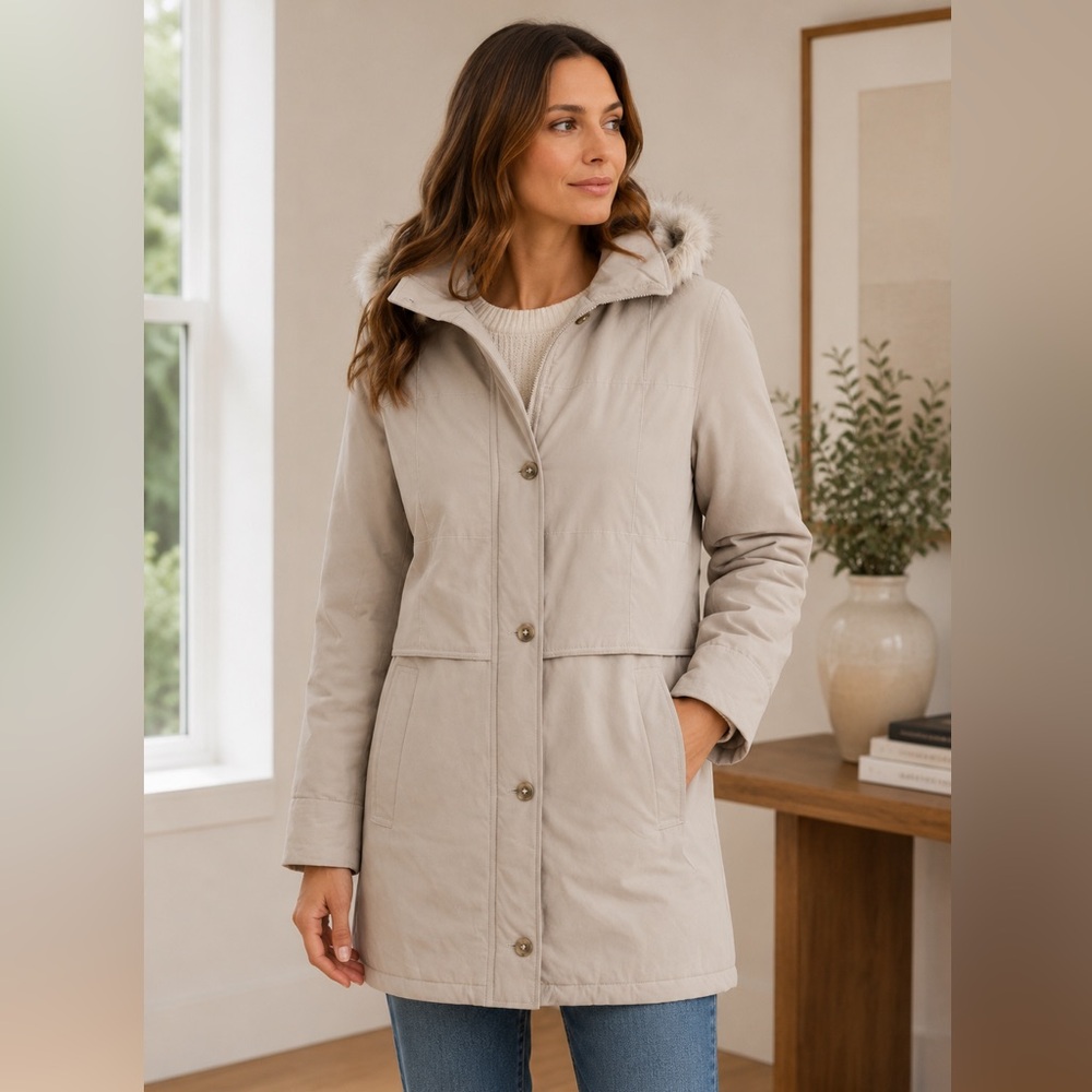 Chadwick's Beige Hooded Coat Faux Fur Trip Lined Winter Jacket - Medium
